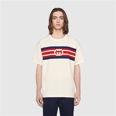 white gucci t shirt stripe down middle|Interlocking G stripe print T.